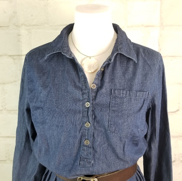 Chambray M Dark Blue Long Sleeve Mini Tunic Dress - Picture 2 of 6